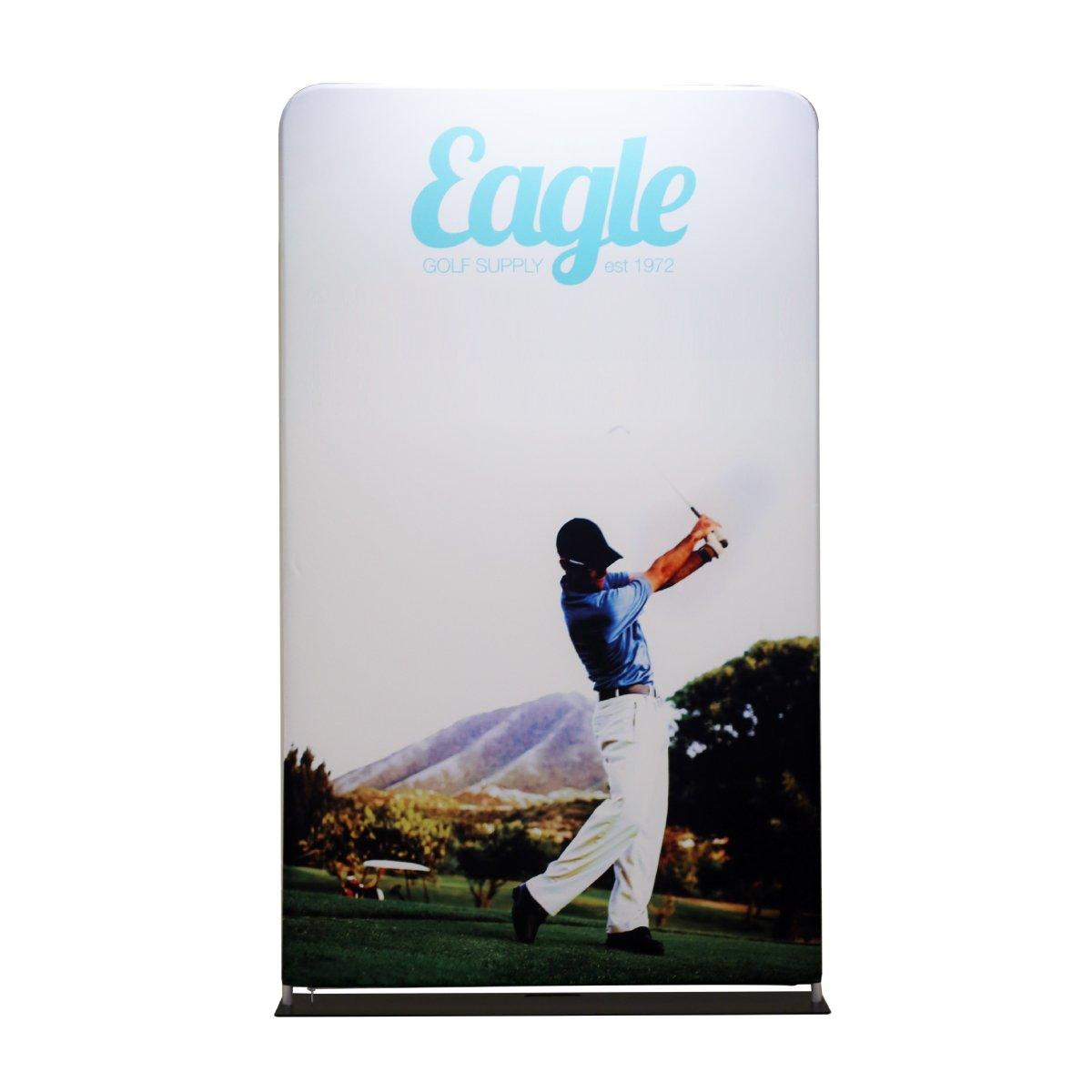 Trade show fabric display featuring a golfer swinging on a golf course with mountain backdrop for exhibitions and special events
