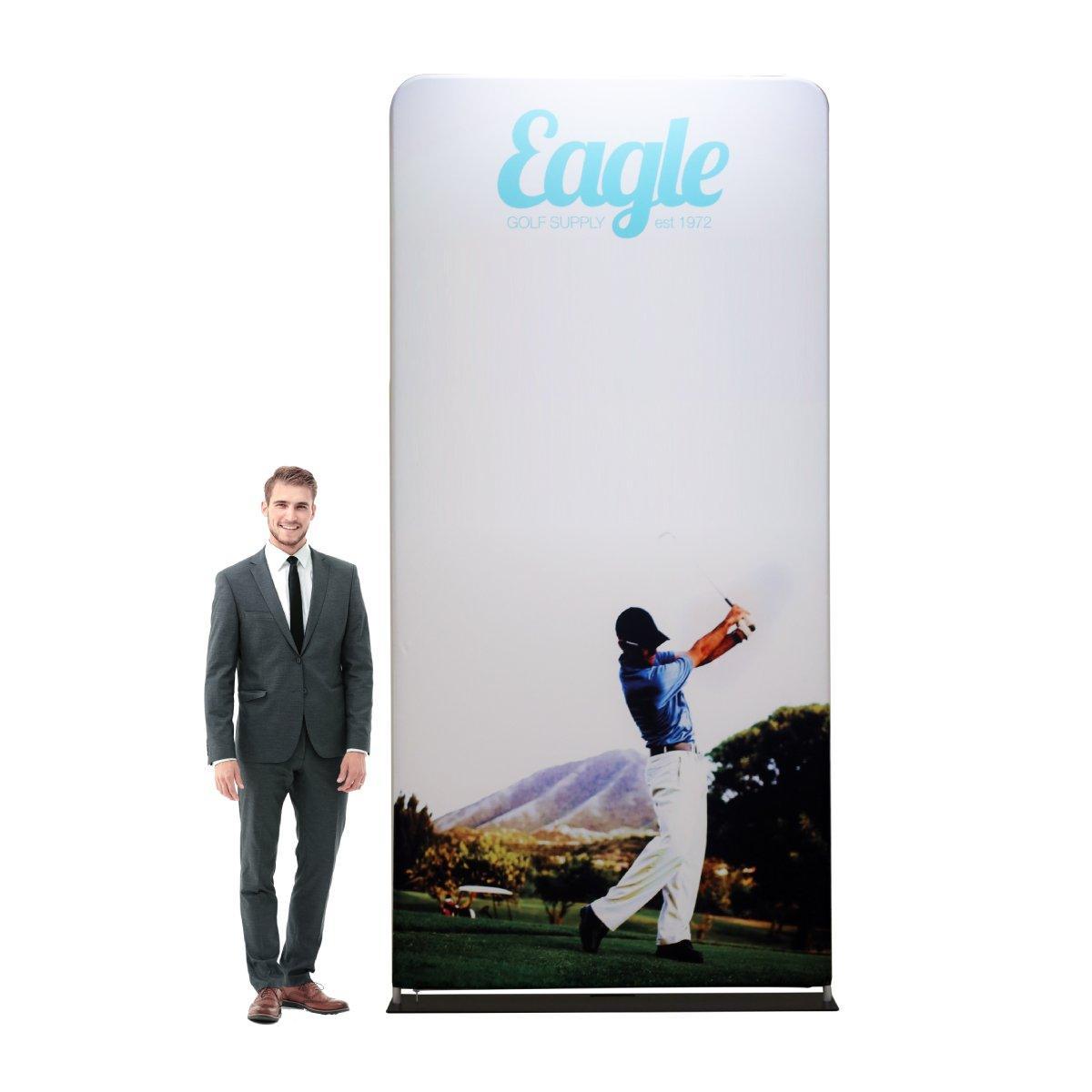 Large fabric trade show display featuring golf player image and branding for exhibitions and events