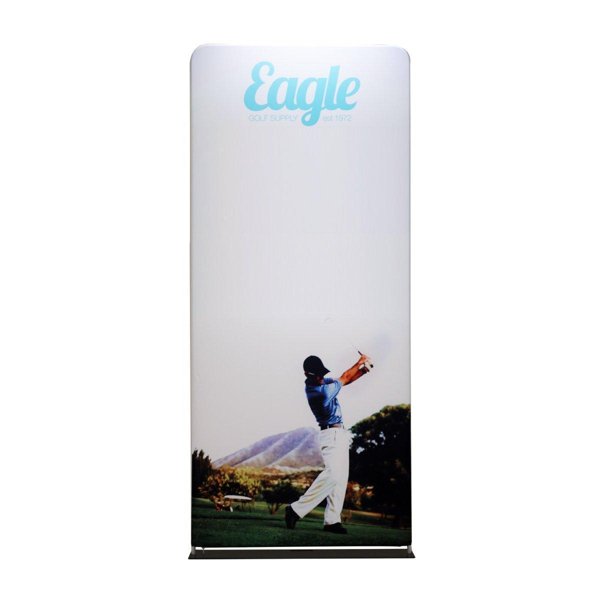 Trade show fabric display featuring golfer image and branded golf supply logo for exhibitions and events