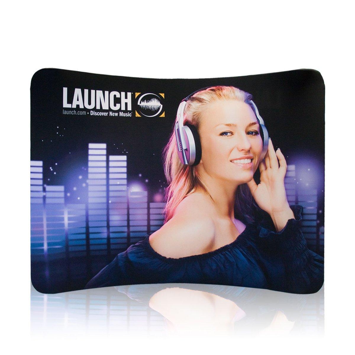 Curved display with music-themed graphics and a headphone-wearing woman for trade shows and exhibitions