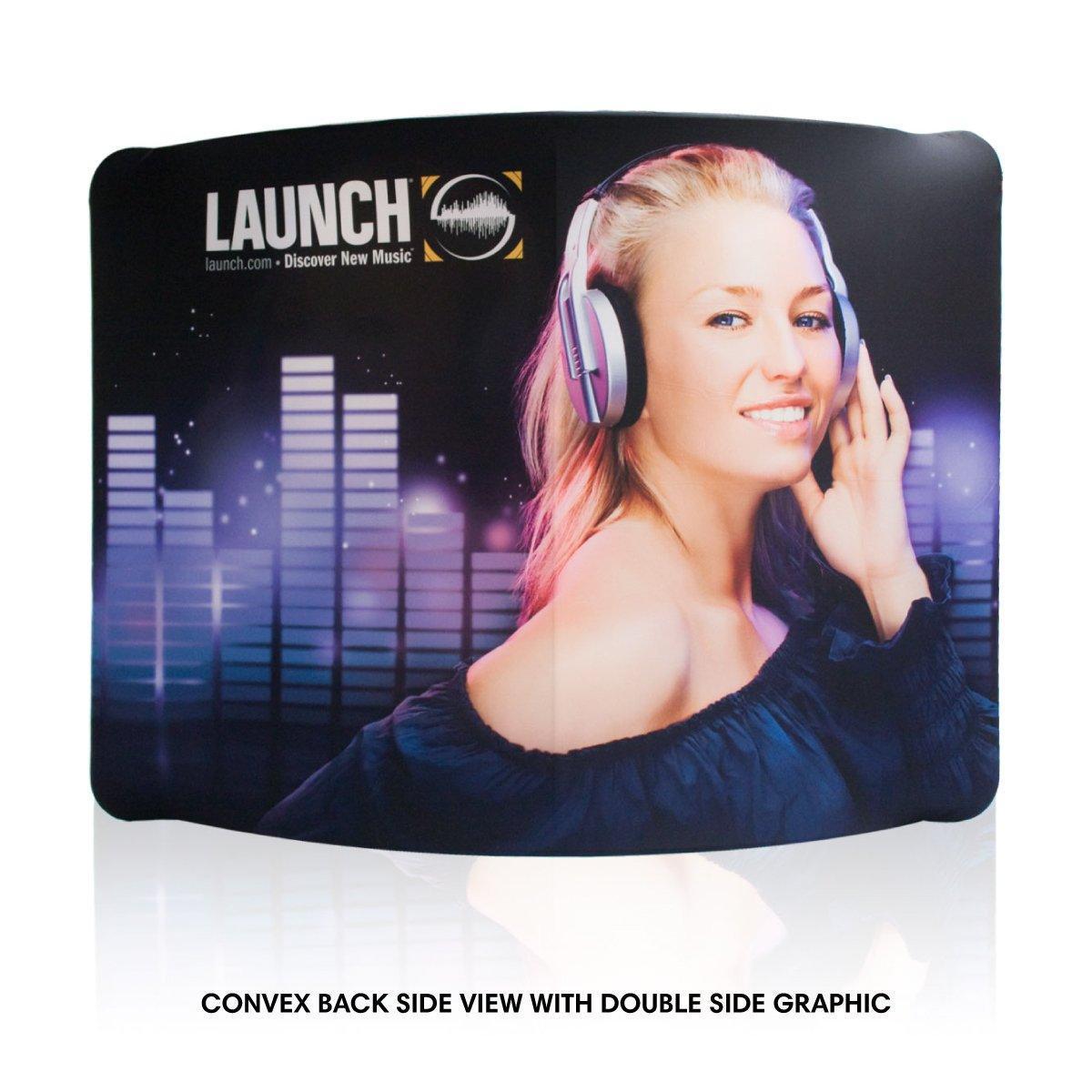 Curved 10ft trade show display featuring woman with headphones and music-themed graphics for exhibitions