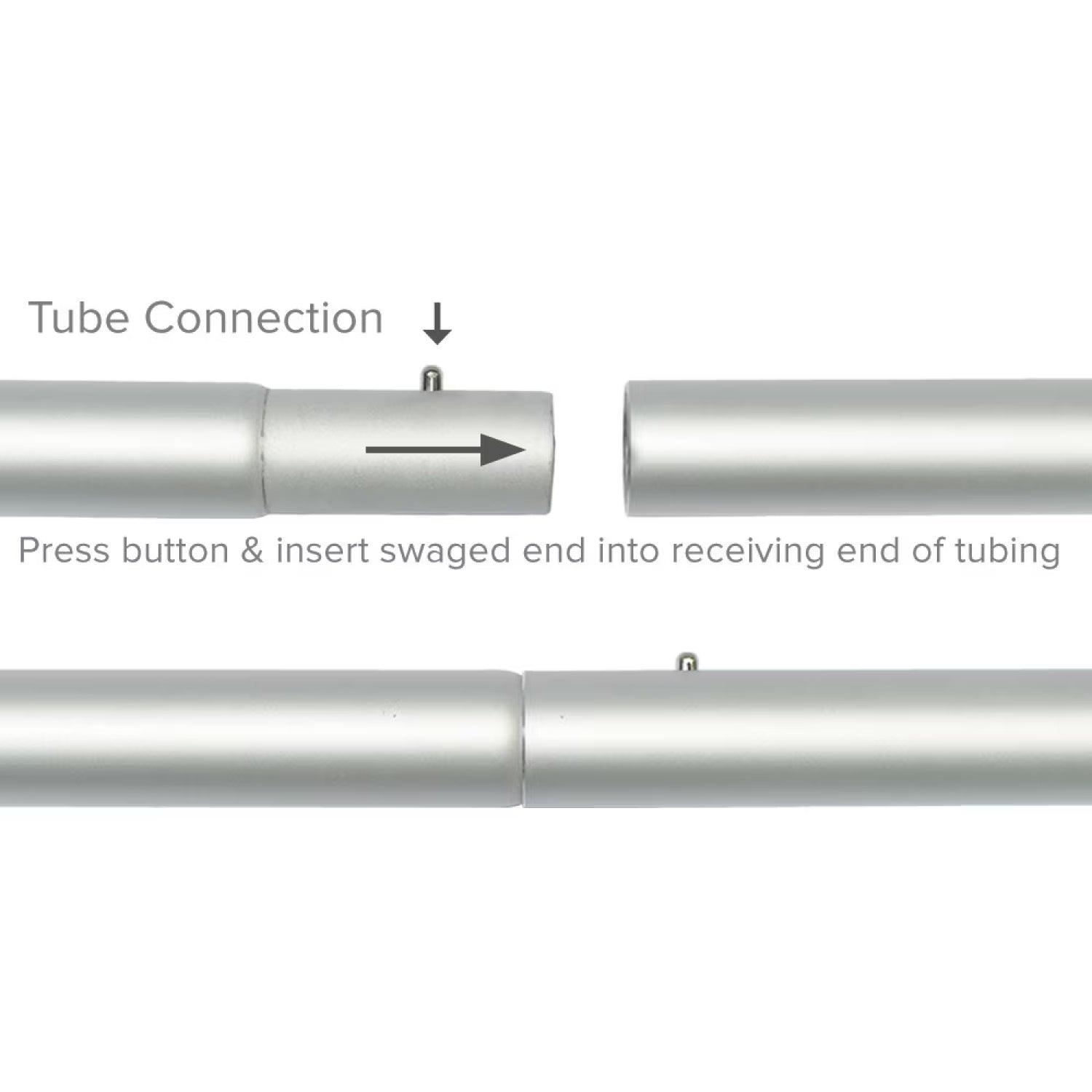 Diagram showing how to connect display tubing by pressing button and inserting swaged end for trade show setups