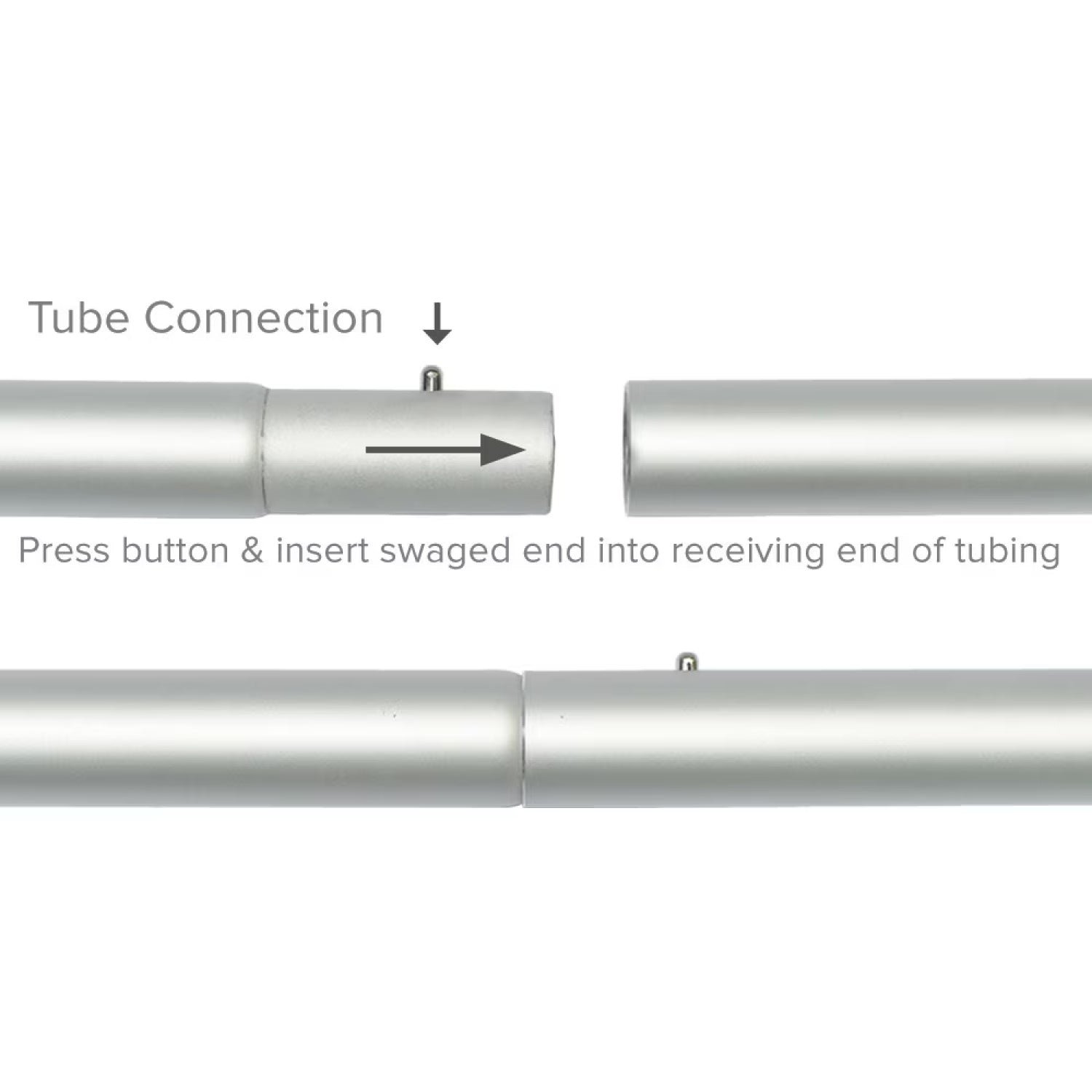Diagram showing how to connect display tubing by pressing button and inserting swaged end for trade show setups