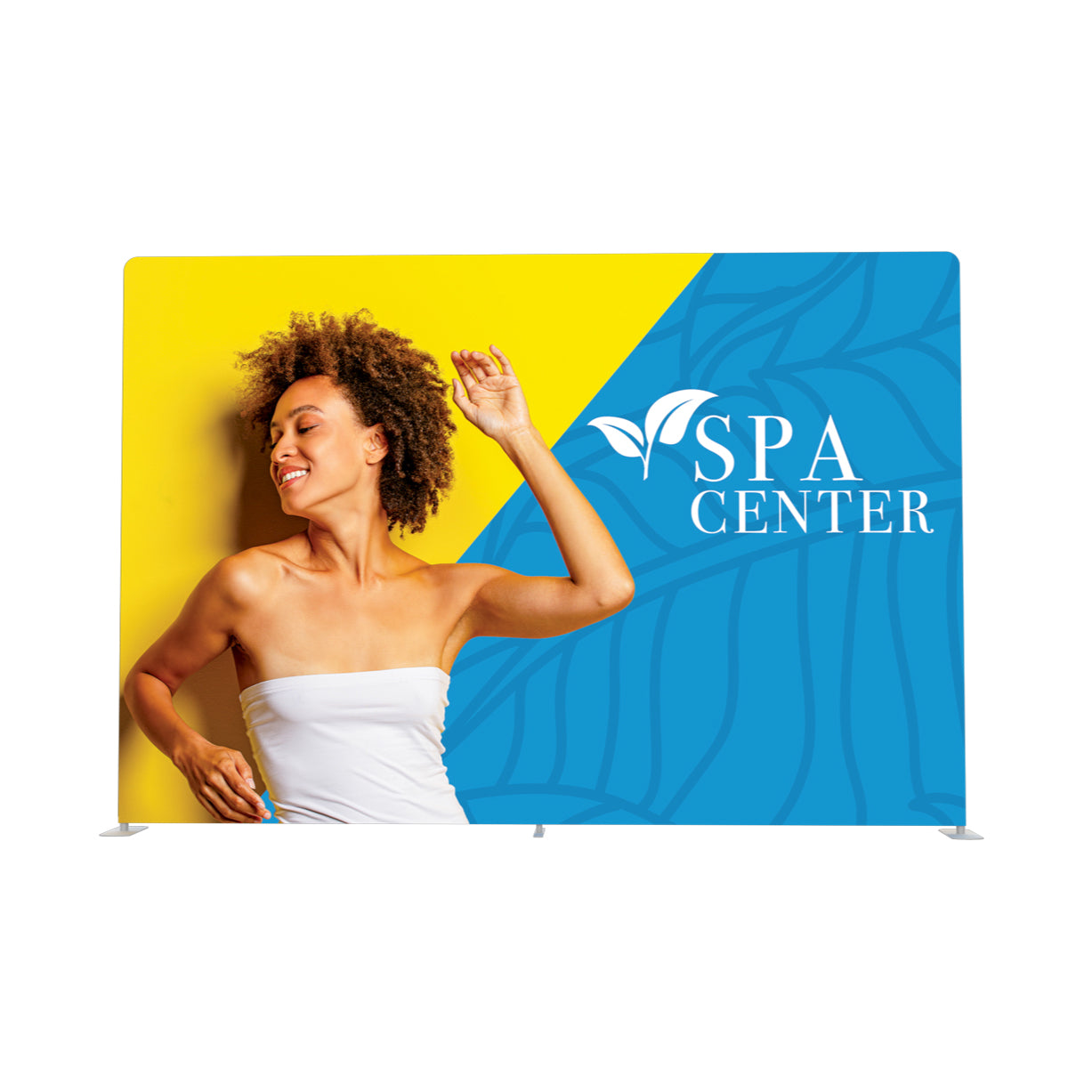 Trade show display graphic featuring spa center branding with a woman in a relaxed pose for exhibitions