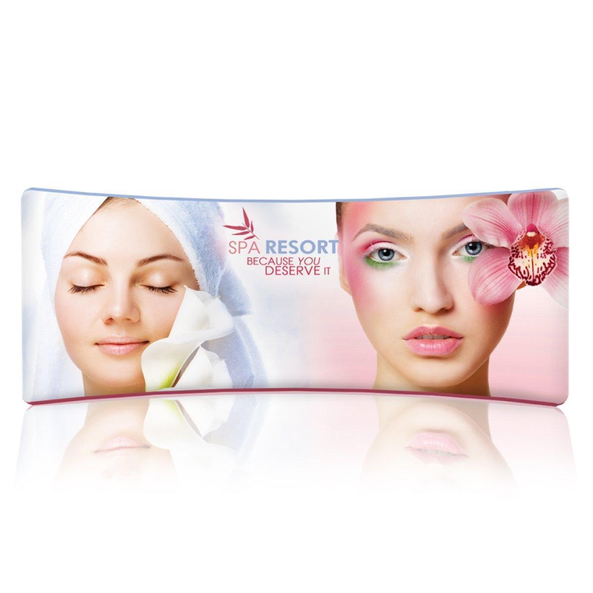 Curved trade show display featuring spa resort promotion with serene facial images for exhibitions and events