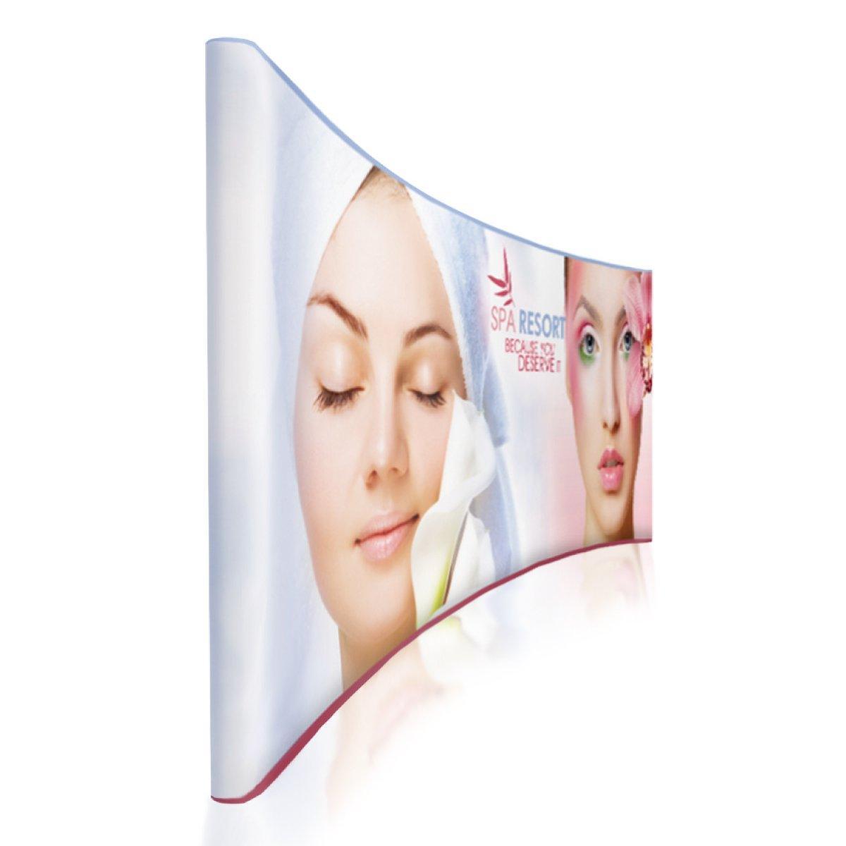Curved 20ft trade show display featuring spa and beauty resort graphics for exhibitions