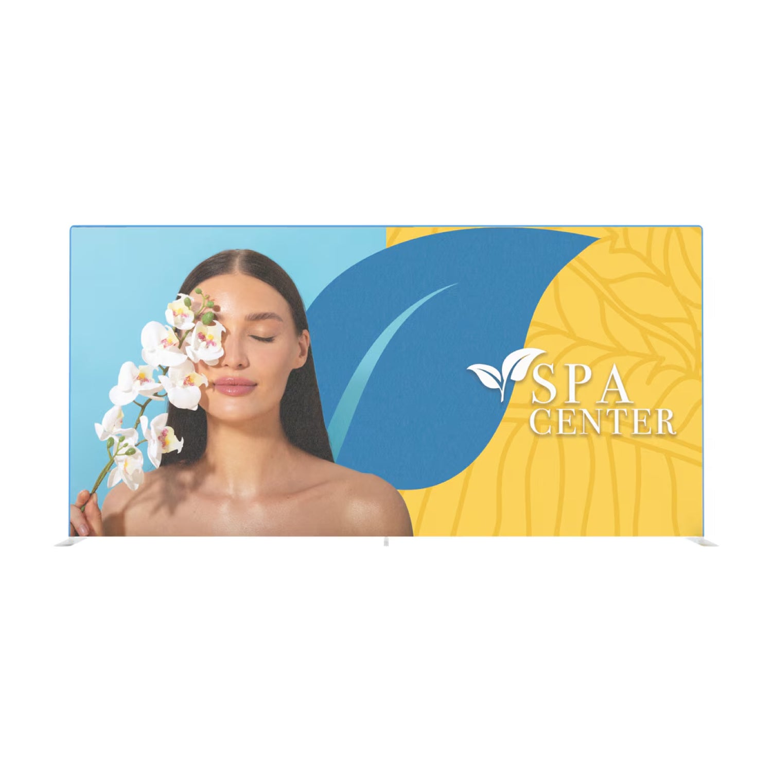 Large trade show display banner with spa center branding featuring a woman with flower, ideal for exhibitions and events