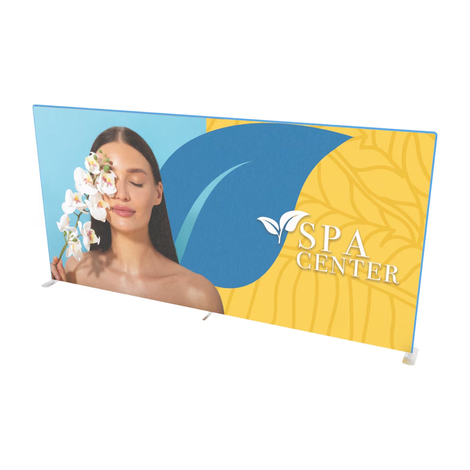 Large trade show fabric display with spa center branding and serene woman holding orchid
