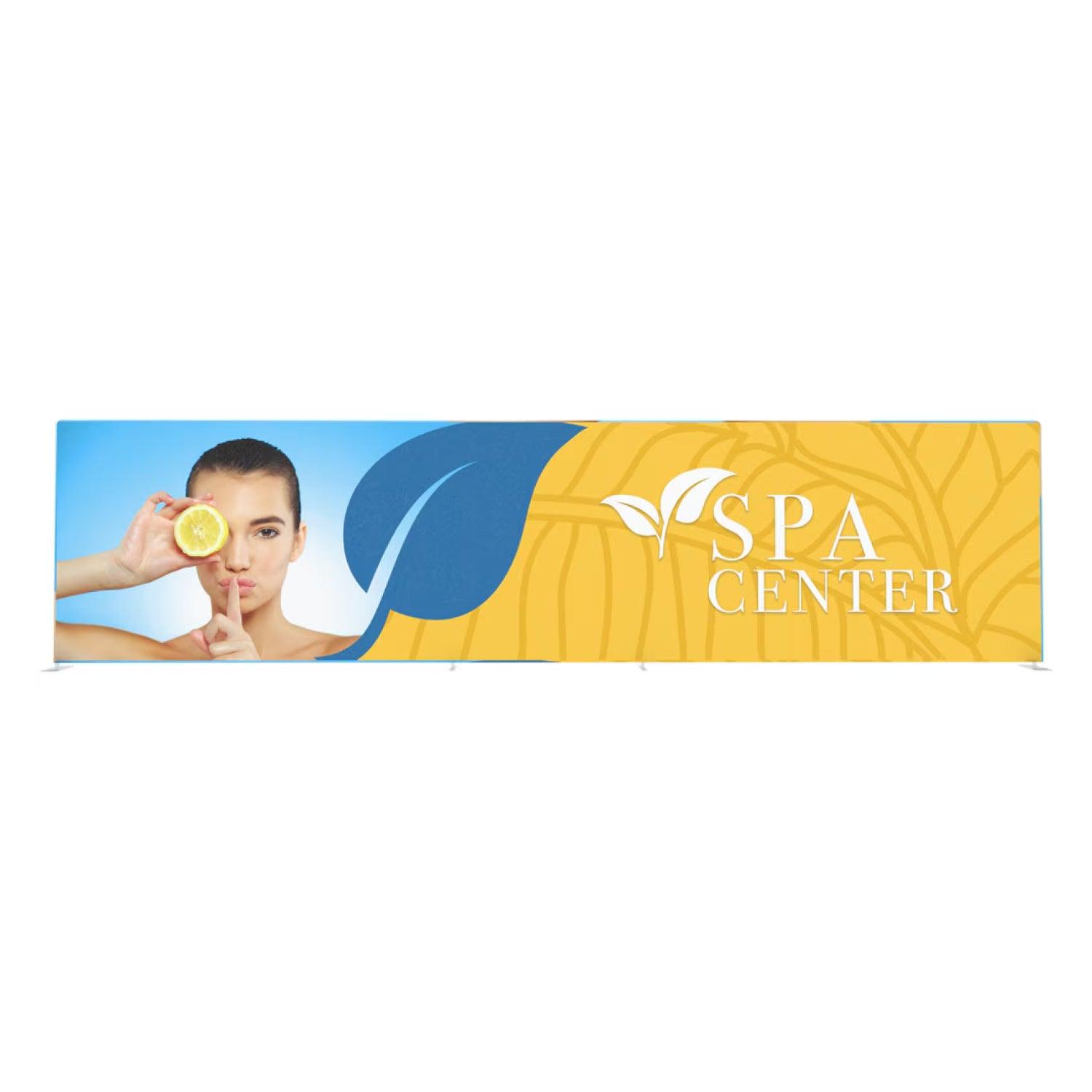 Large trade show banner for spa center with model holding citrus slice and wellness design