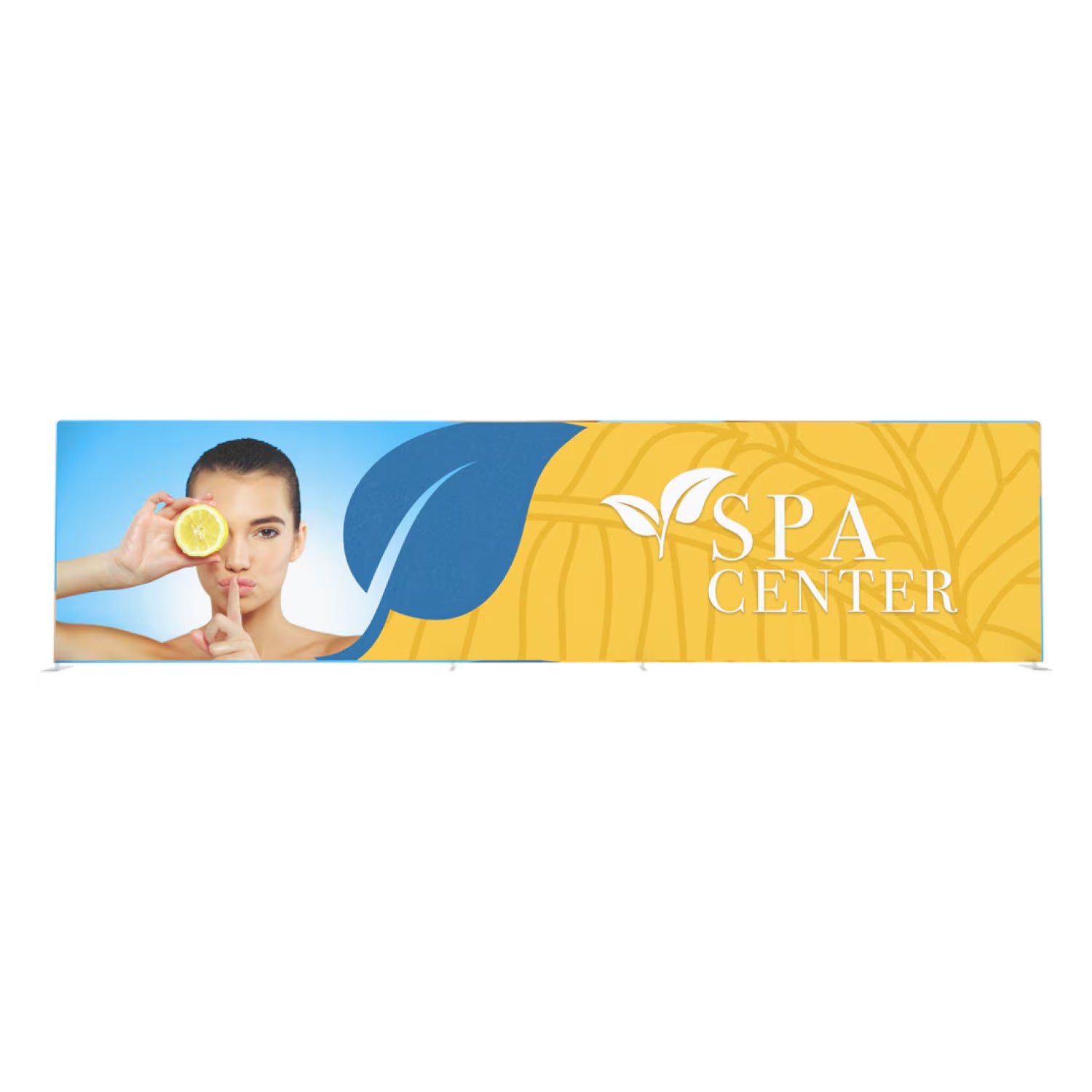 Large trade show banner for spa center with model holding citrus slice and wellness design