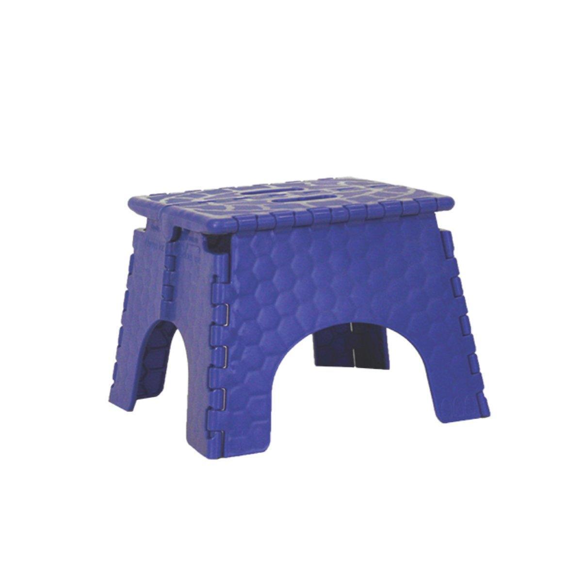 Compact folding step stool with textured surface for easy access at trade shows and exhibitions