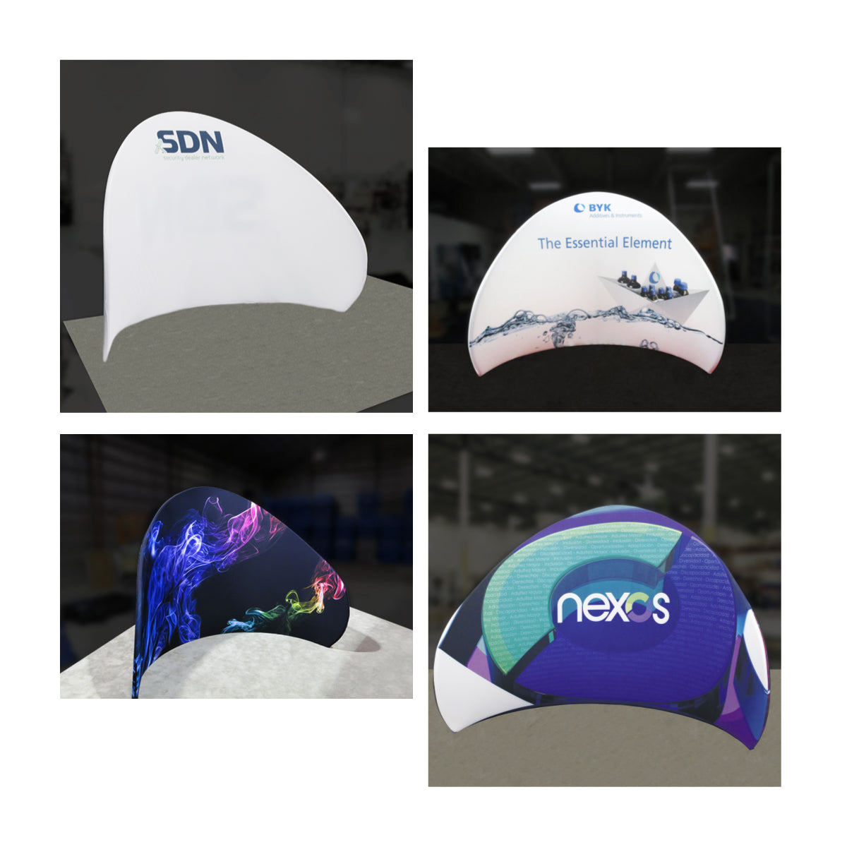 Curved chip-shaped display walls ideal for trade shows and exhibitions with custom brand graphics