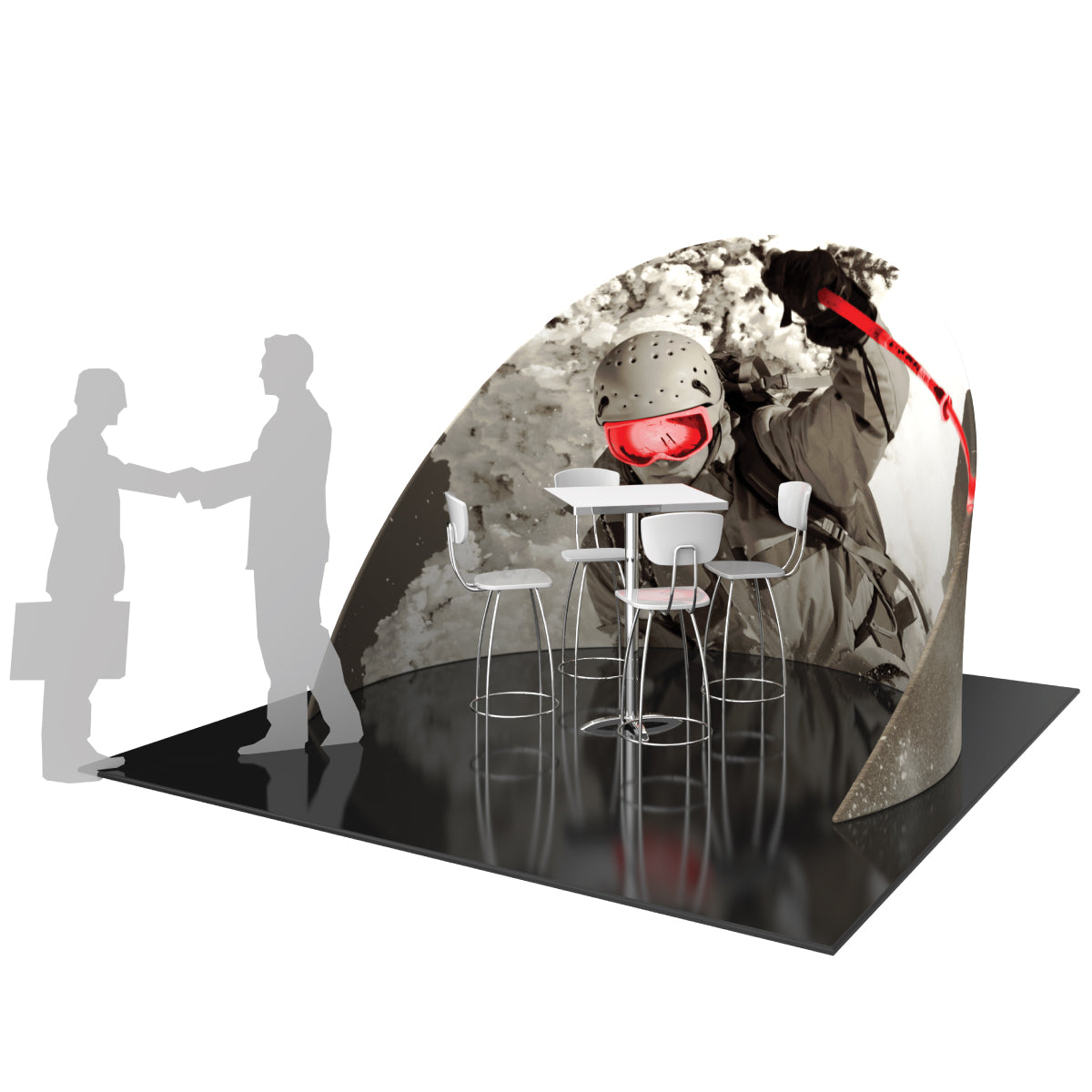 Curved trade show display booth with climbing image and high table seating for exhibitions and events