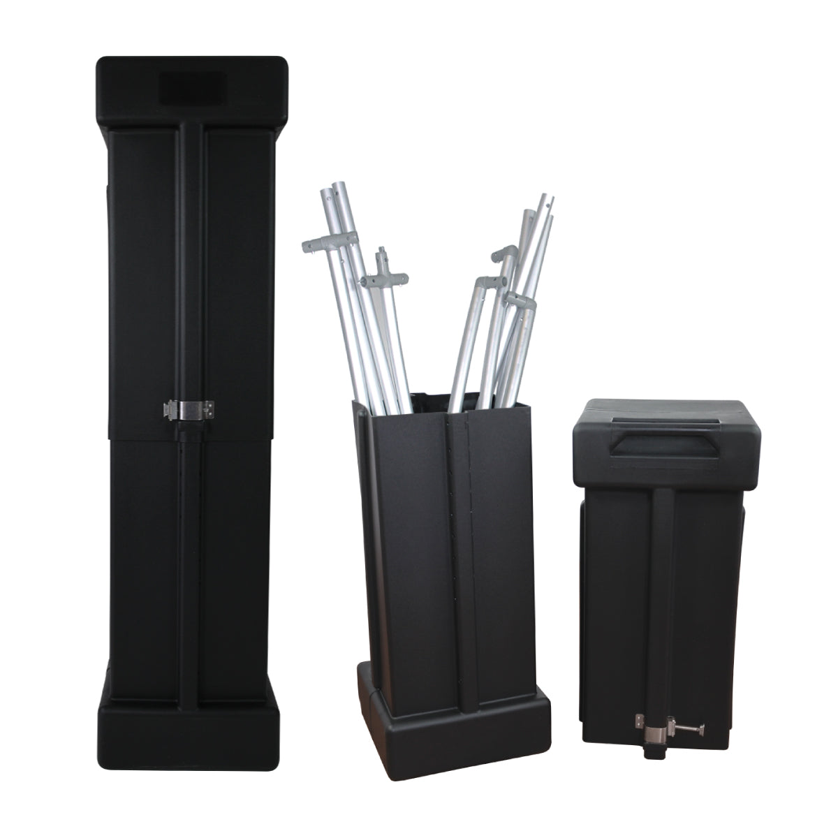 Trade show display hardware with carrying cases and metal frame poles for exhibitions and events