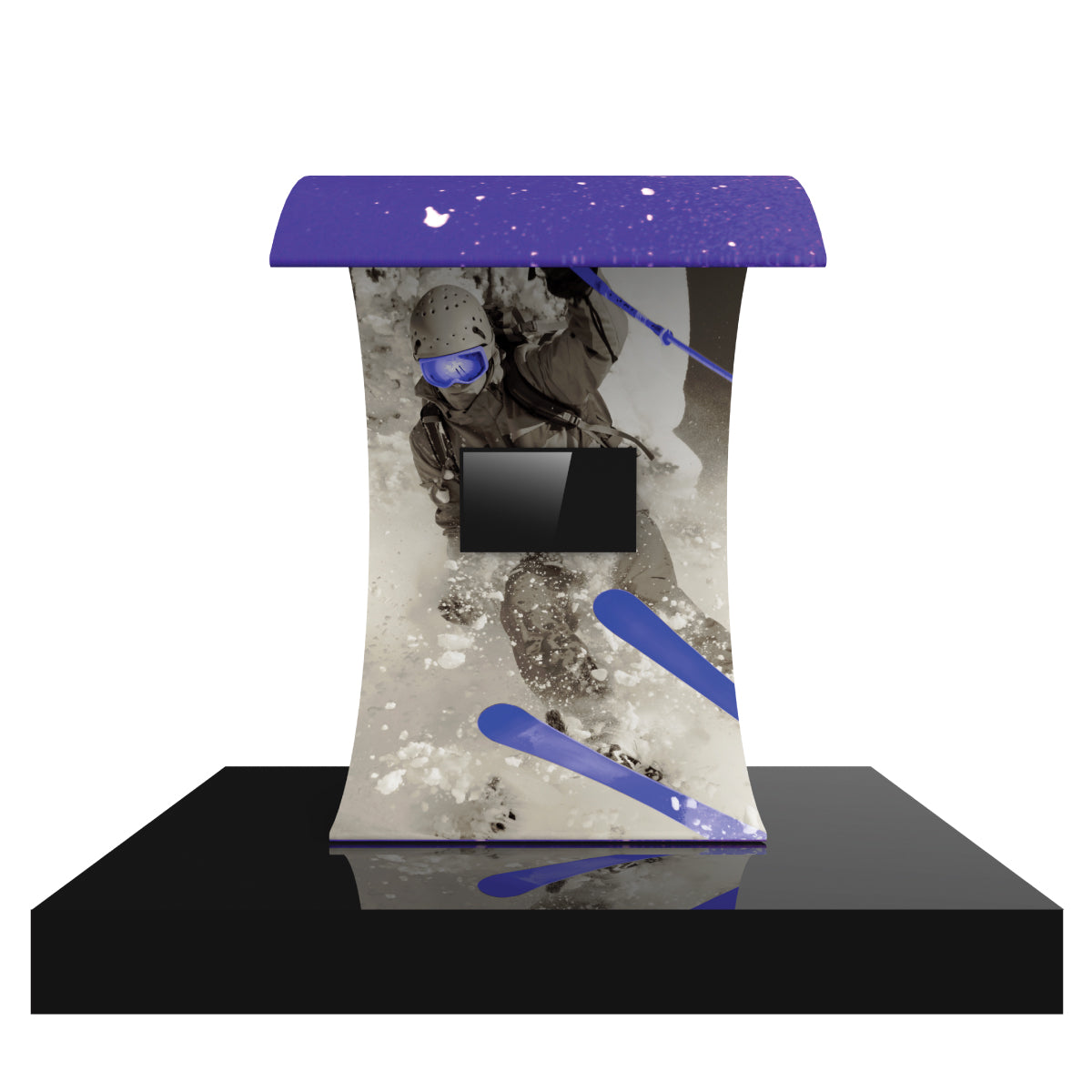 Curved trade show display with action sports graphic and mounted monitor on black base