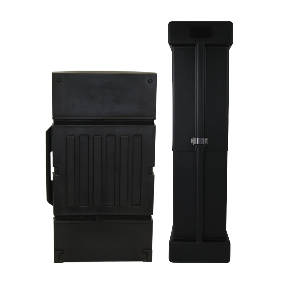 Two compact display towers designed for easy transport and setup at trade shows and exhibitions