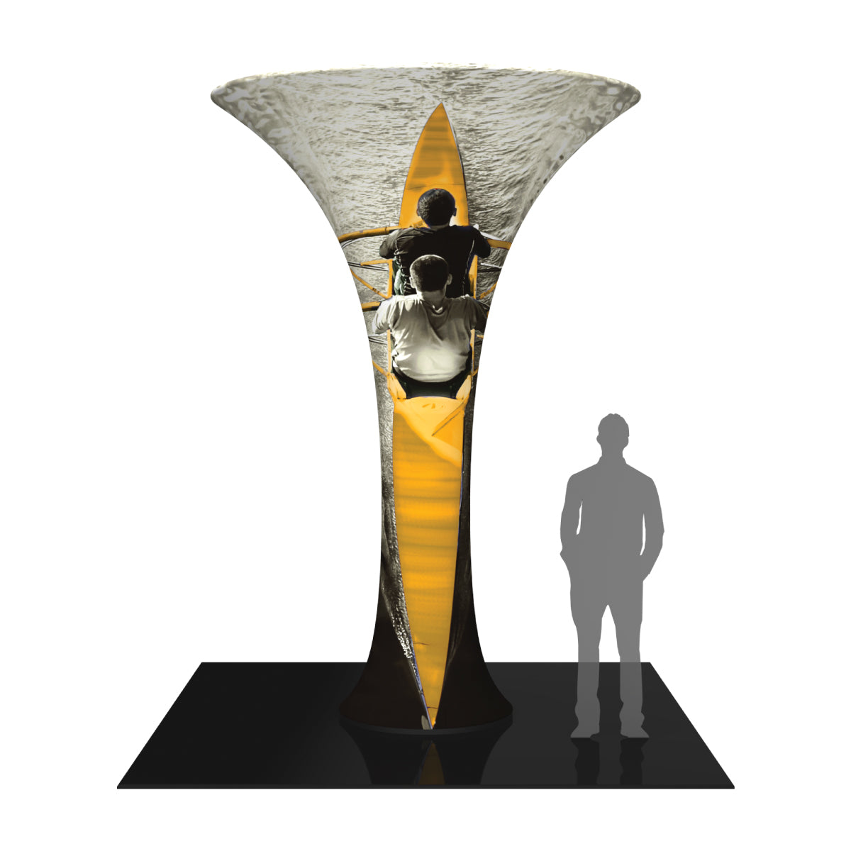 Tall funnel tower display with rowing boat image for trade shows and exhibitions