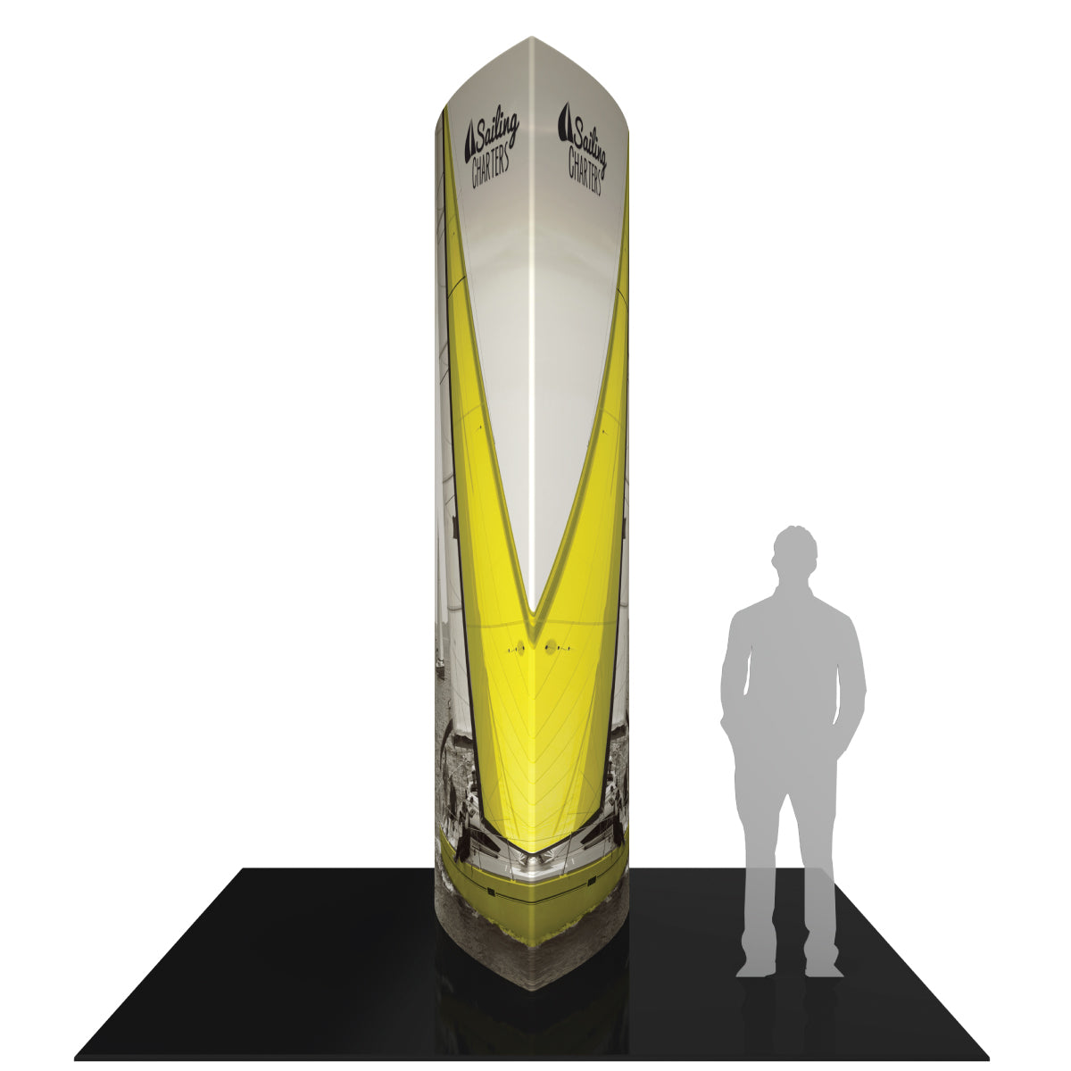 12ft tall shield tower display with sailing charters graphics for trade shows and exhibitions