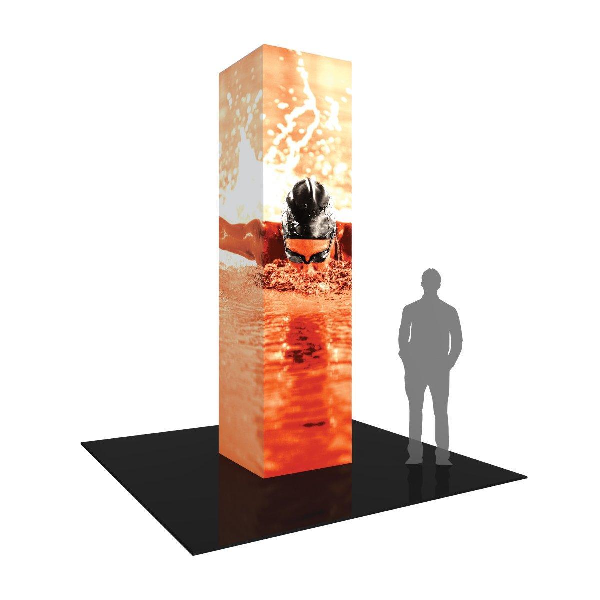 Tall square backlit tower display with swimmer graphic for trade shows and exhibitions