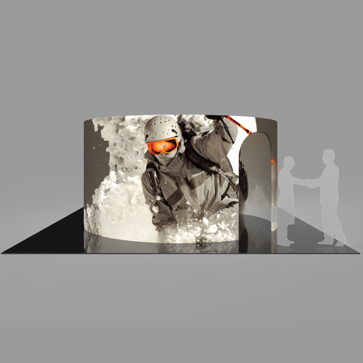 Curved trade show exhibit with large skier graphic and open doorway for events and exhibitions