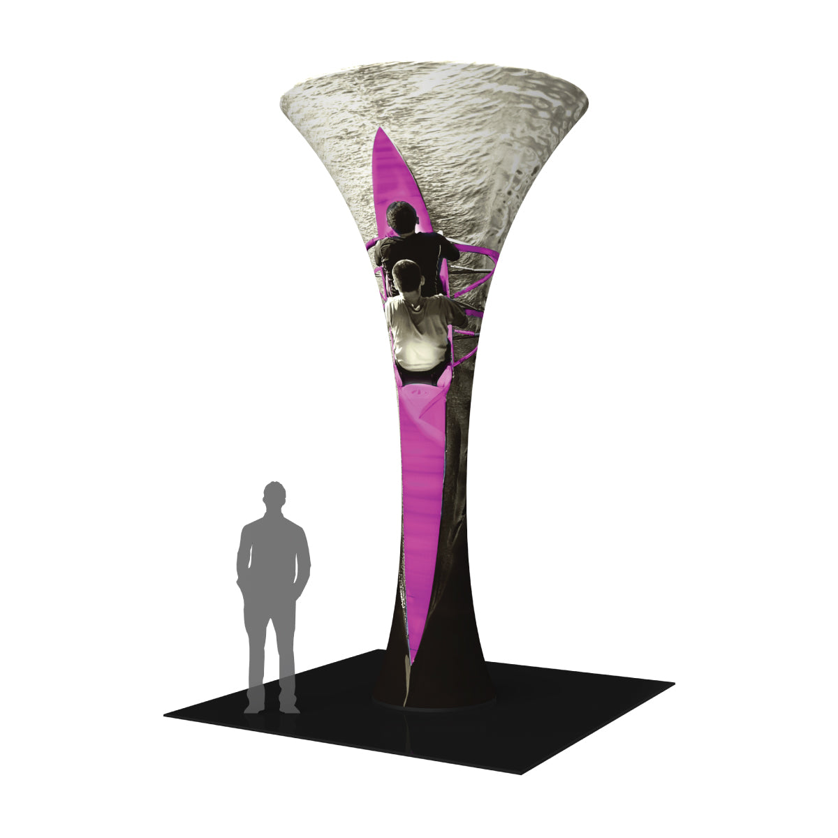 Tall funnel-shaped tower display featuring rowing boat image for trade shows and exhibitions