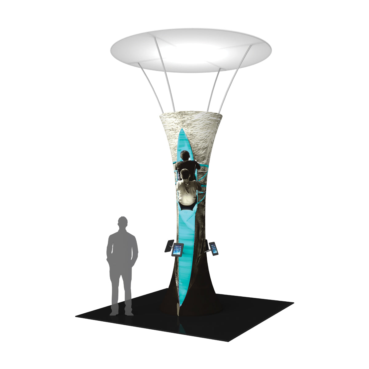 Tall funnel-shaped trade show tower with graphic display and attached tablets for interactive exhibition use