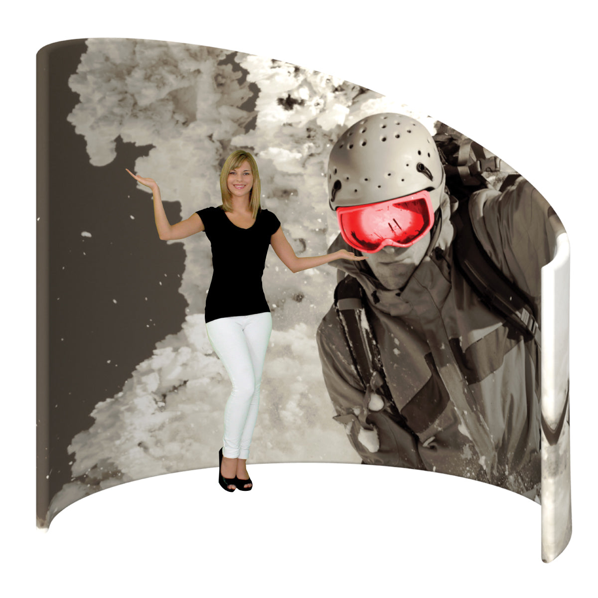 Curved fabric trade show display with winter sports image and woman presenting for exhibitions