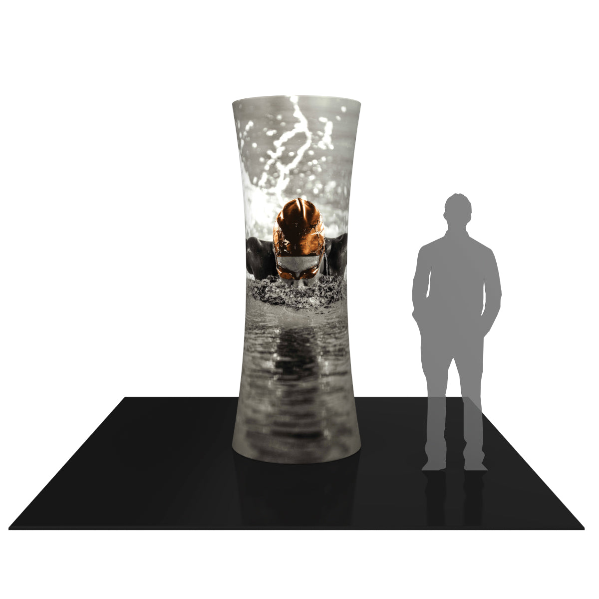 Curved tower fabric display with swimmer graphic for trade shows and exhibitions