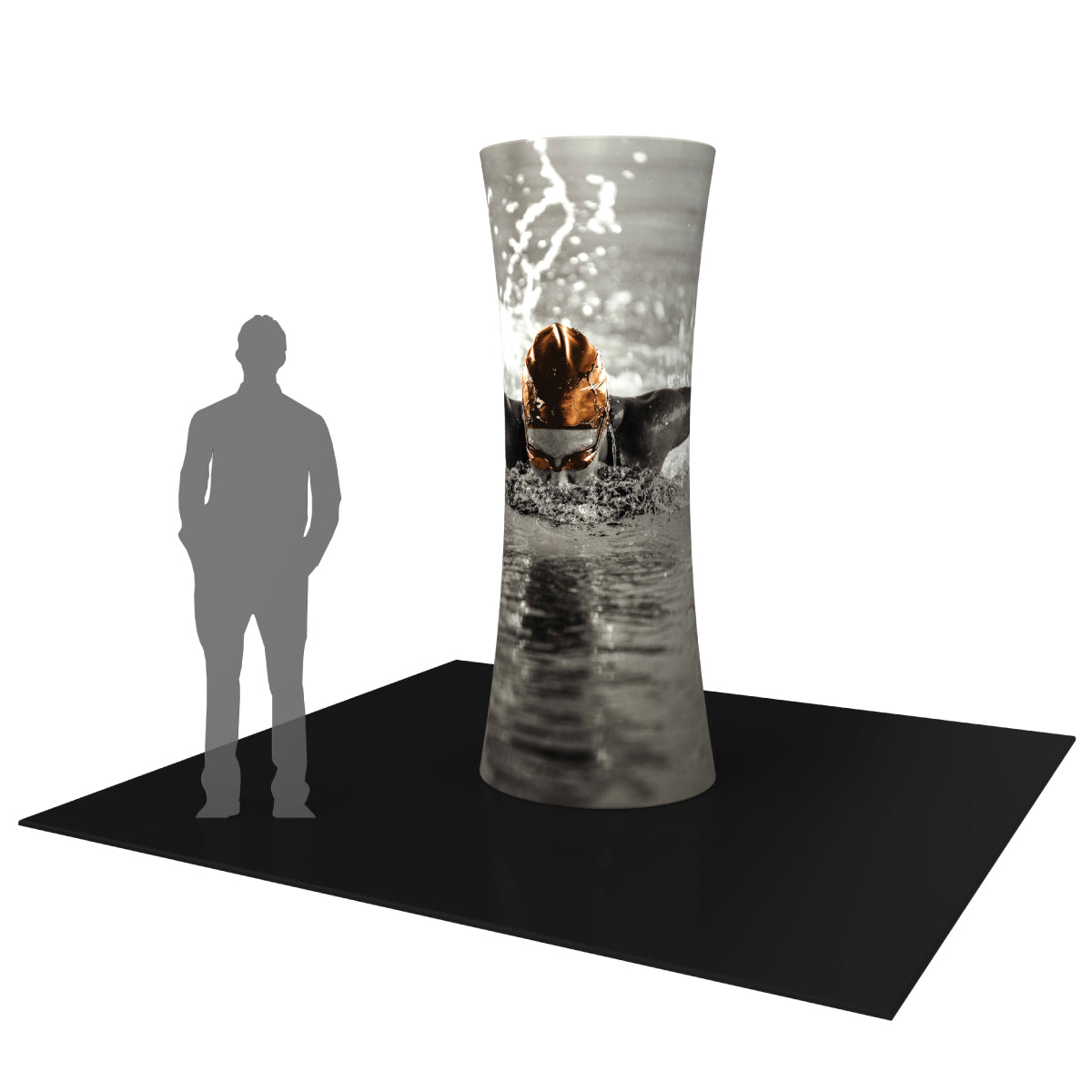Curved cylindrical fabric display tower with swimmer graphic for trade shows and exhibitions