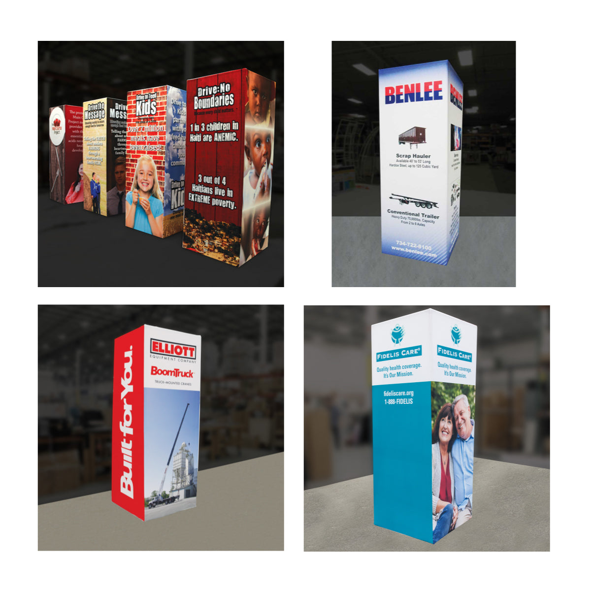 8ft square tower display stands showcasing branded graphics for trade shows, exhibitions, and special events