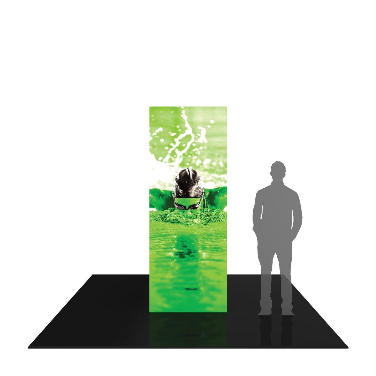 Backlit 8ft square tower display with swimmer image for trade shows and exhibition booths