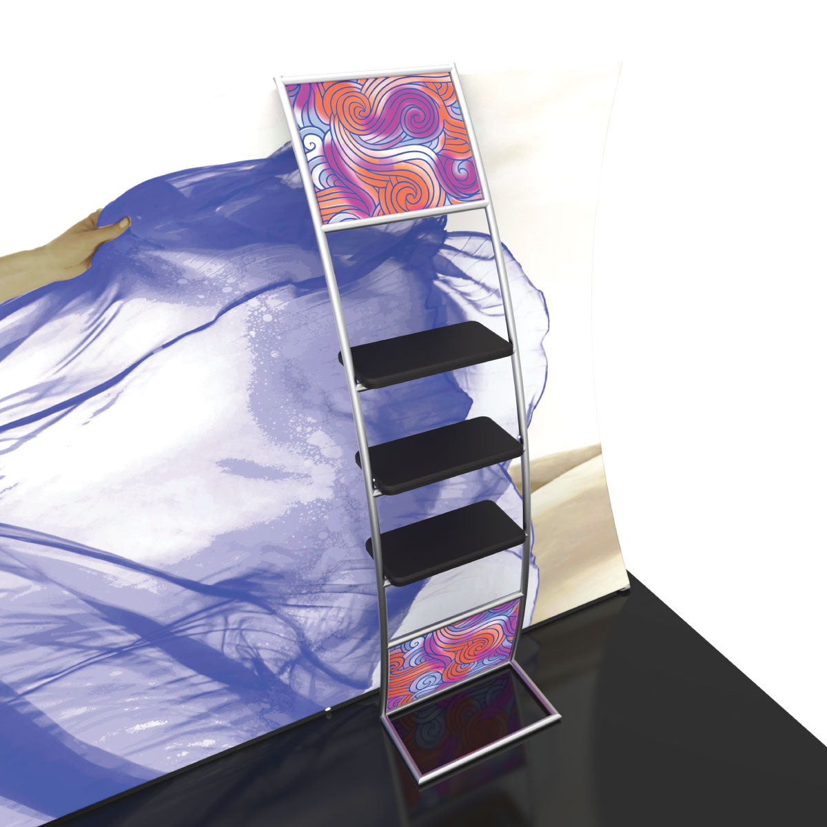 Curved metal trade show display rack with three shelves and colorful graphic panels for exhibitions
