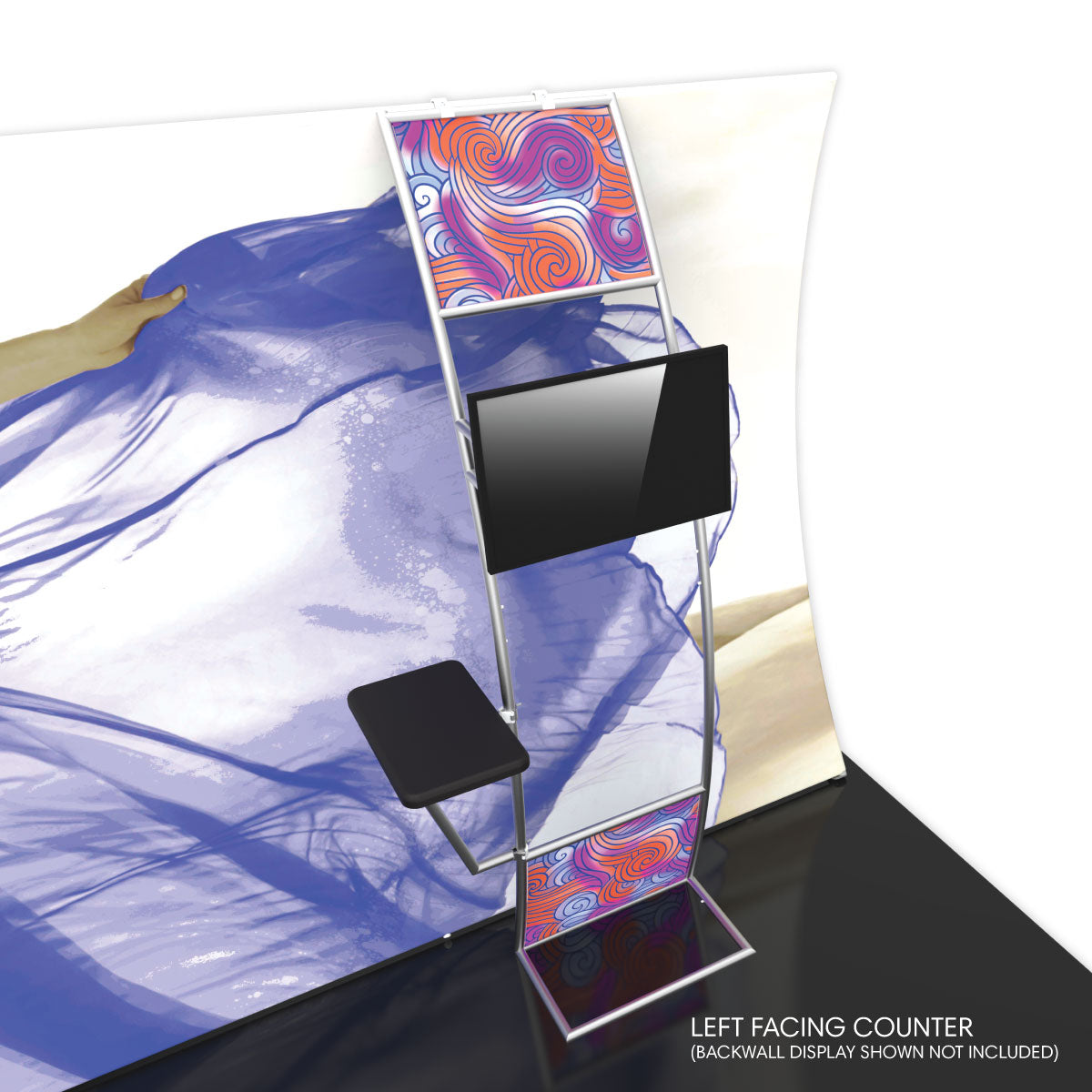 Trade show display stand with graphic panels, monitor mount, and small counter surface for exhibitions