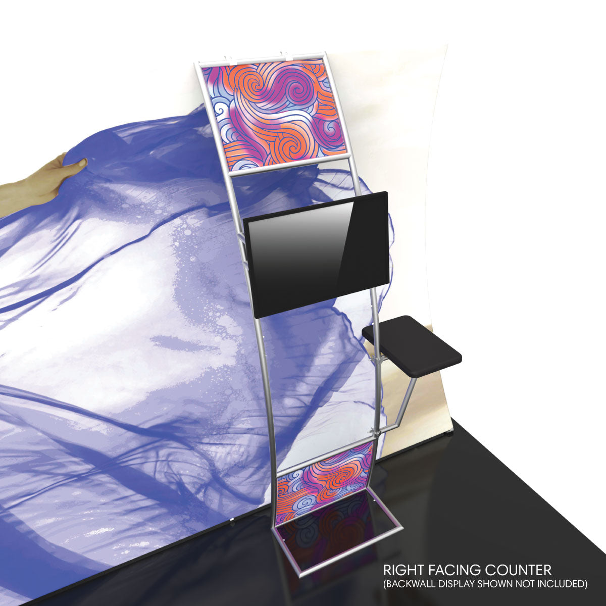 Trade show display stand with monitor mount and attached counter for exhibitions and special events