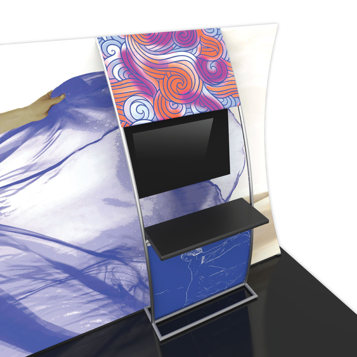 Trade show display with large fabric backwall and freestanding kiosk featuring monitor and shelf
