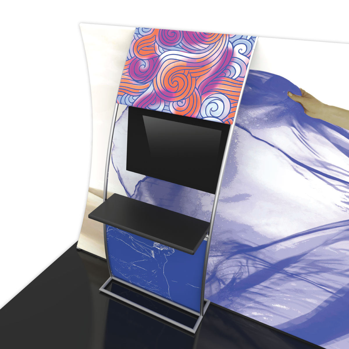 Trade show display with integrated monitor and curved frame, highlighting modular exhibition booth components
