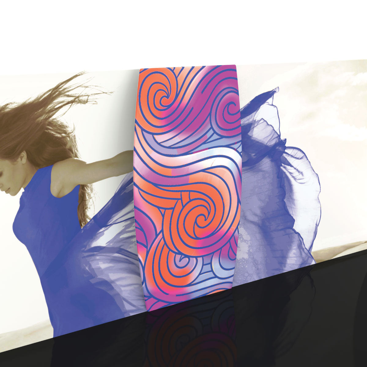 Curved trade show backwall connector with vibrant swirl graphic for exhibitions and events