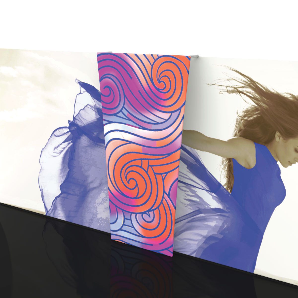 Trade show backwall with connector piece displaying vibrant abstract design between fabric graphics