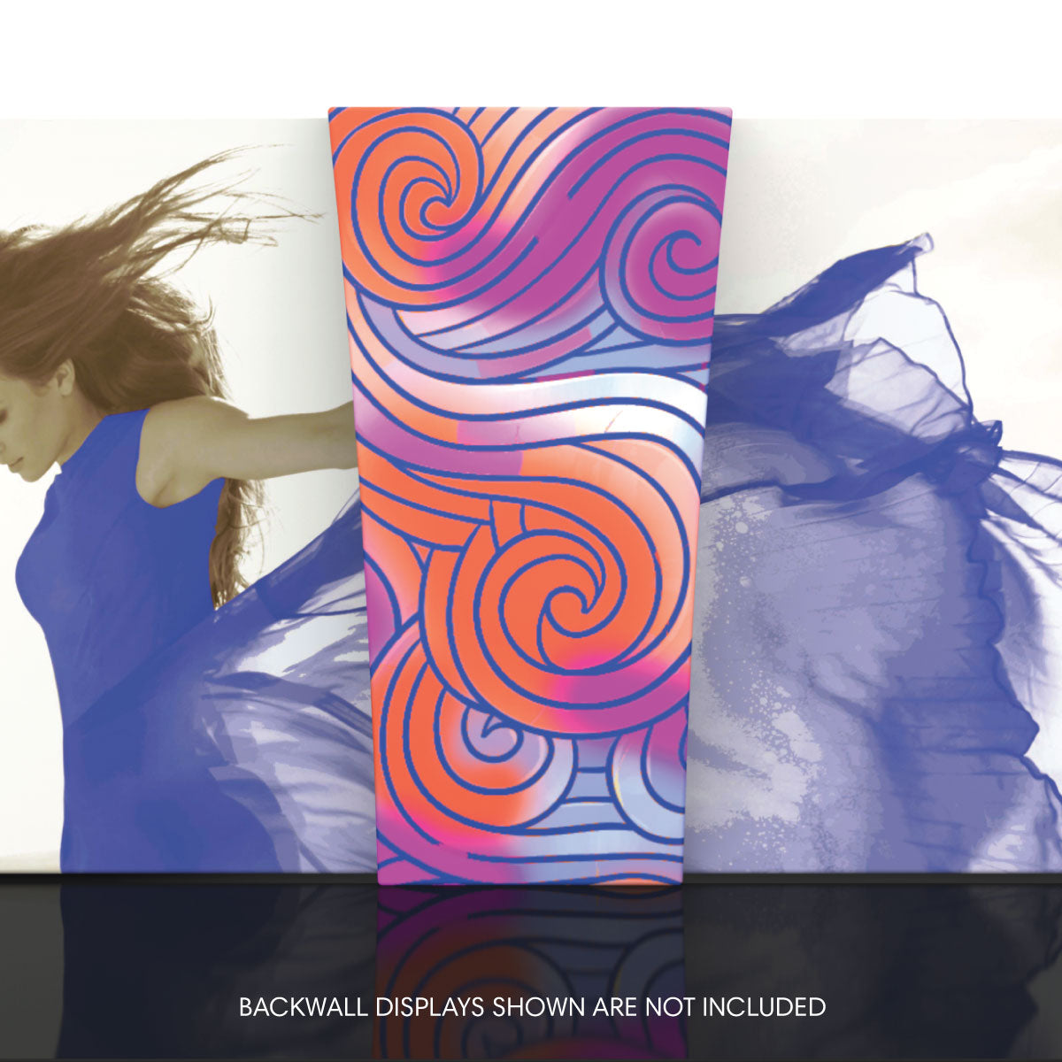 Decorative trade show backwall connector with abstract swirl design linking fabric displays at exhibition