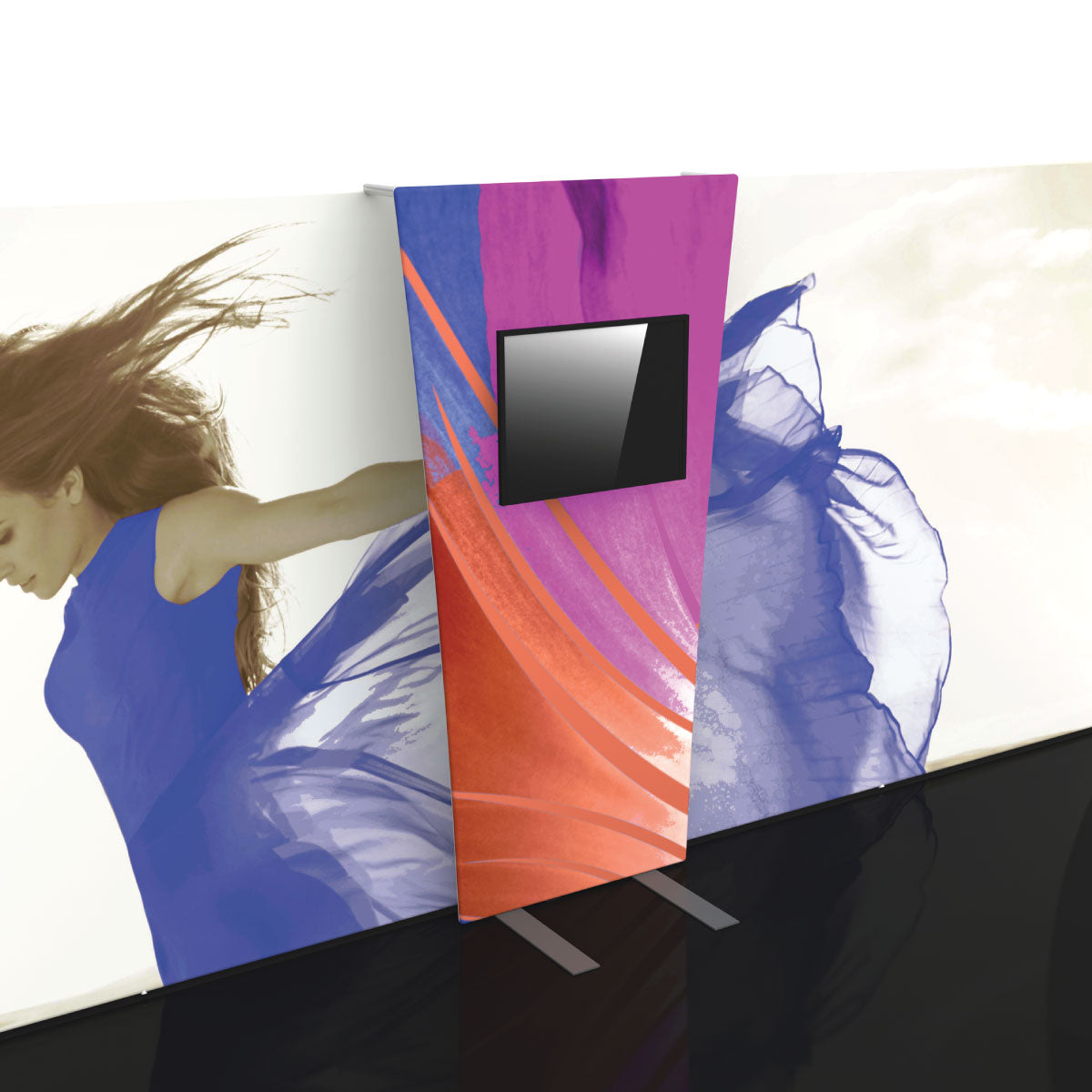 Freestanding fabric display stand with attached screen integrated into large exhibition backdrop for trade shows