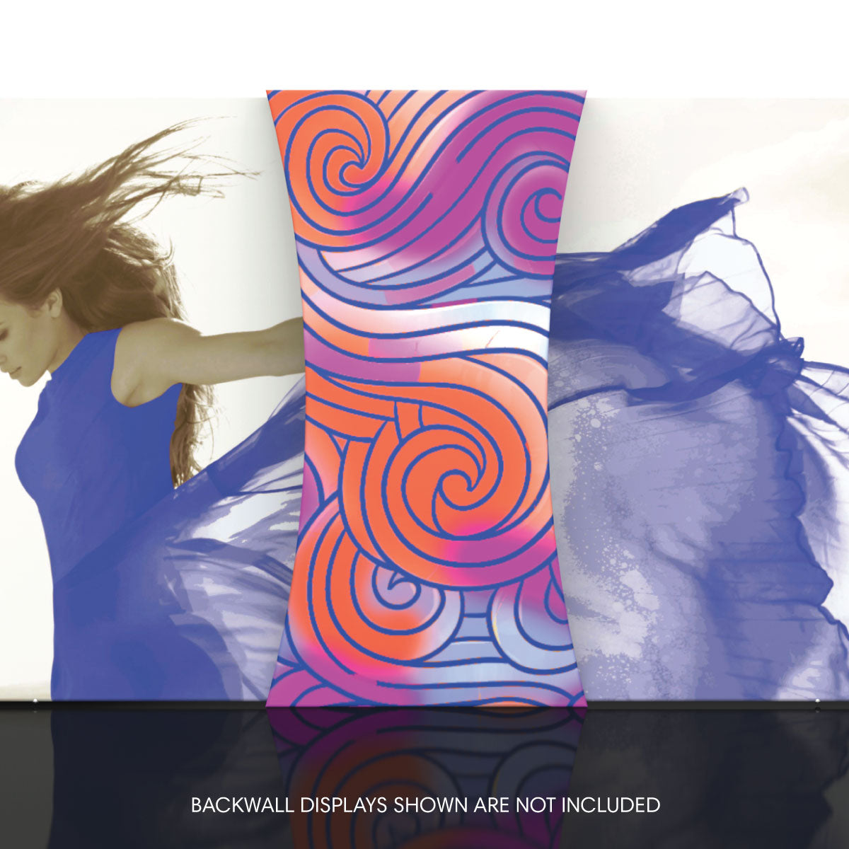 Trade show pillow box display with colorful swirl graphic flanked by fabric backwall exhibition graphics