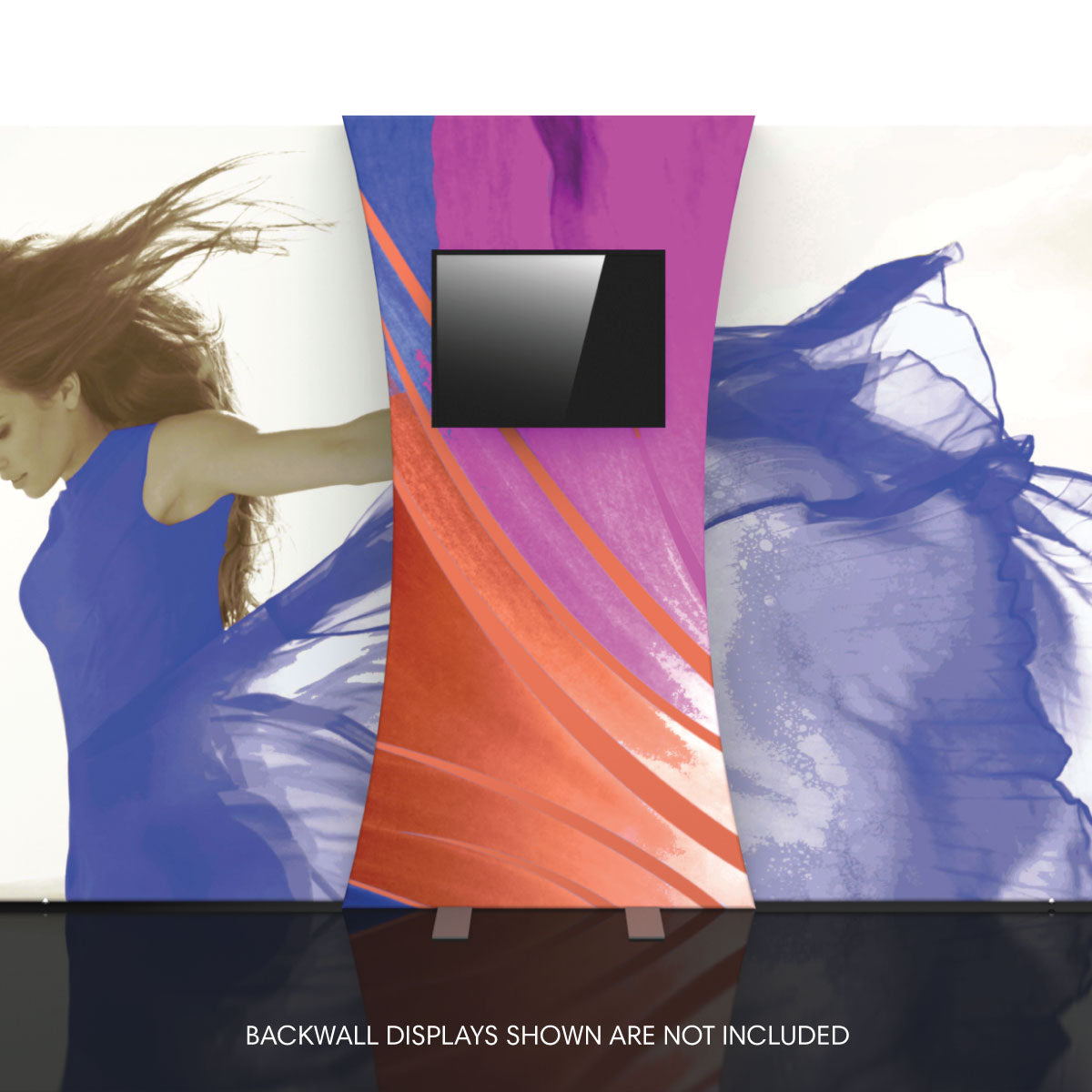 Curved trade show backwall with mounted monitor for exhibitions and special event displays