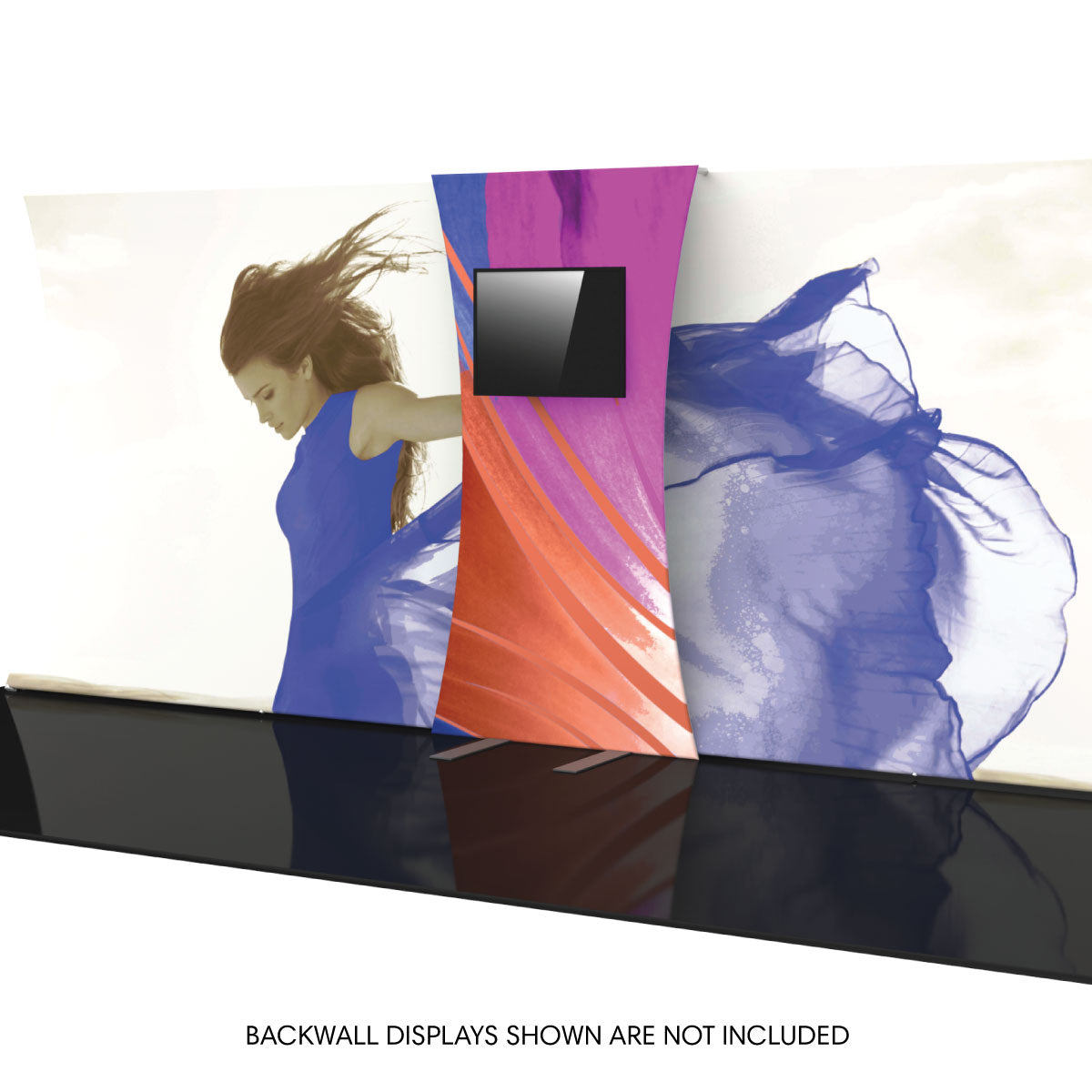 Curved backwall connector with mounted monitor for trade show exhibit and event displays