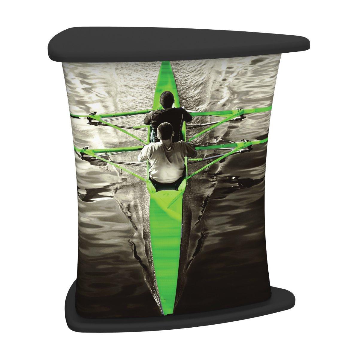 Curved trade show counter with rowing team graphic for exhibitions and special events