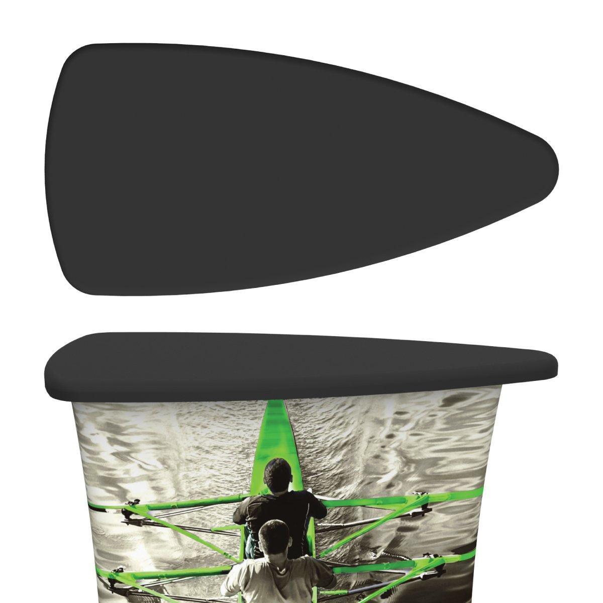 Curved trade show counter with graphic wrap featuring two rowers on water, ideal for exhibitions and events