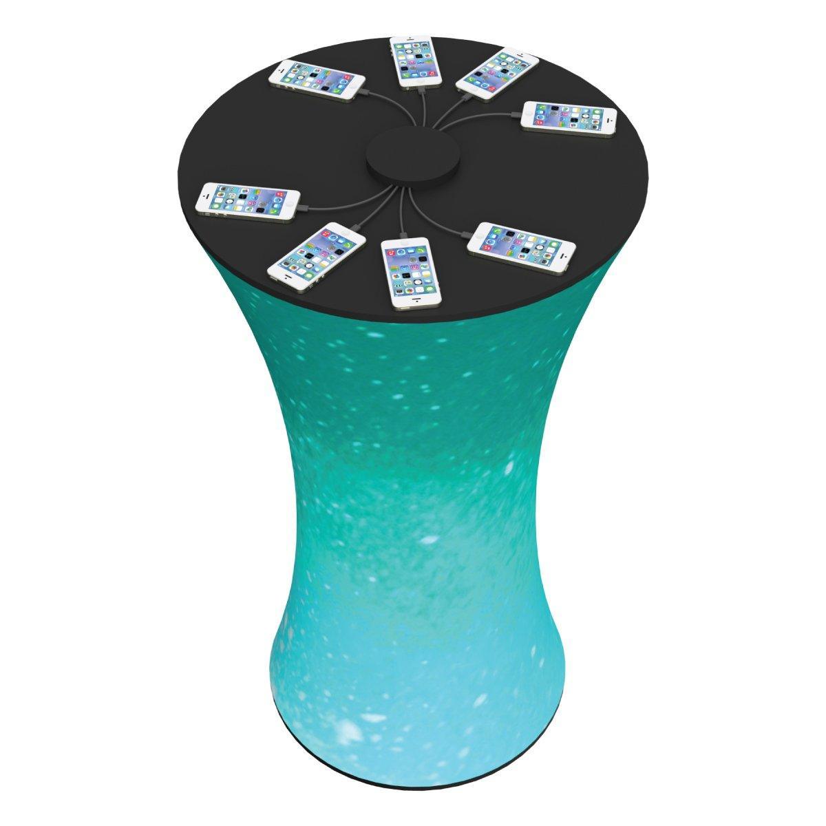 Trade show charging station table with multiple smartphones connected for charging at exhibitions