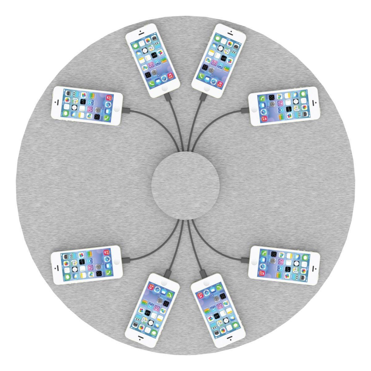 Round multi-device charging station with eight smartphones connected for trade shows and events