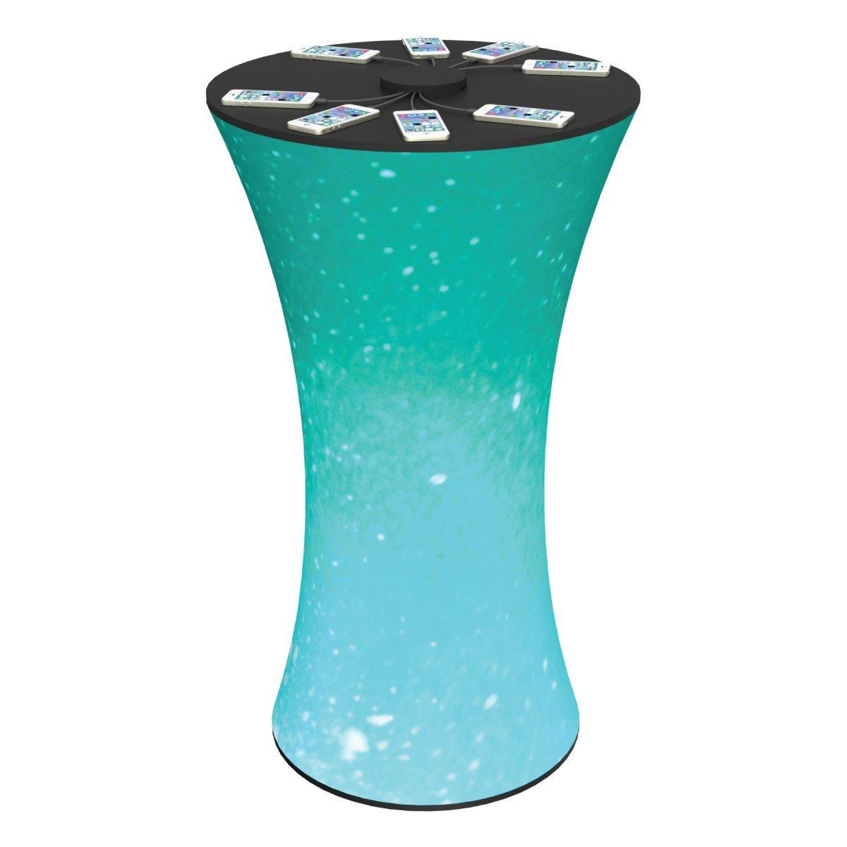 Charging station booth counter with multiple smartphones for trade shows and exhibitions