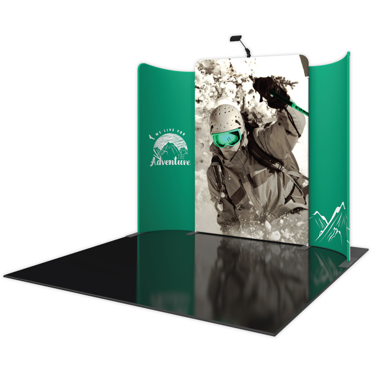 Curved trade show display with adventure-themed graphics for exhibitions and special events