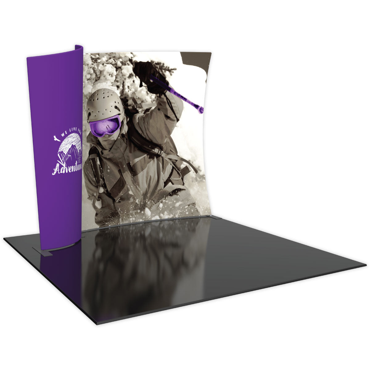 Curved trade show display featuring an adventurous skier graphic and branding for exhibitions and events